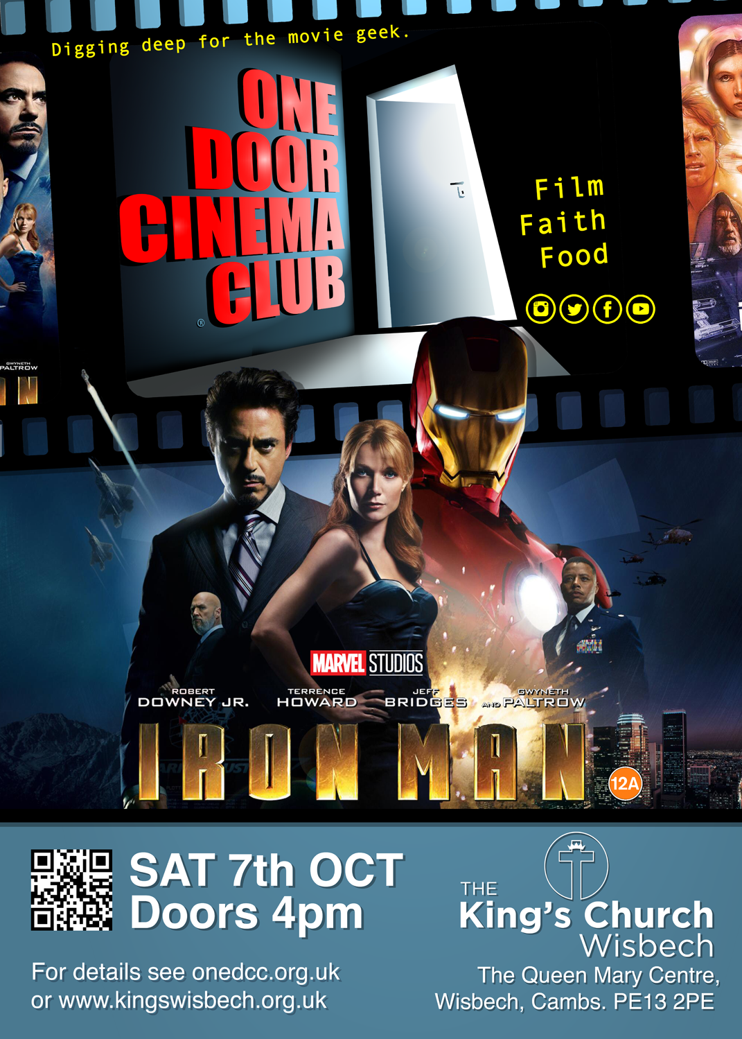 Poster of One Door Cinema Club Event presenting Iron Man at Kings Church, The Queen Mary Centre, Wisbech, Cambridgeshire, PE13 2PE on 07/10/2023